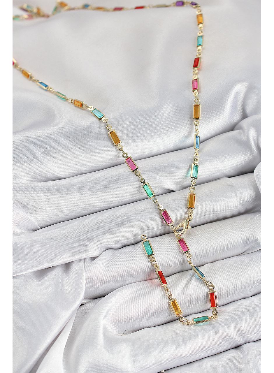 Pirinç Renkli Zirkon Taşlı Dikdörtgen Model Gold Renk Kadın Y Kolye