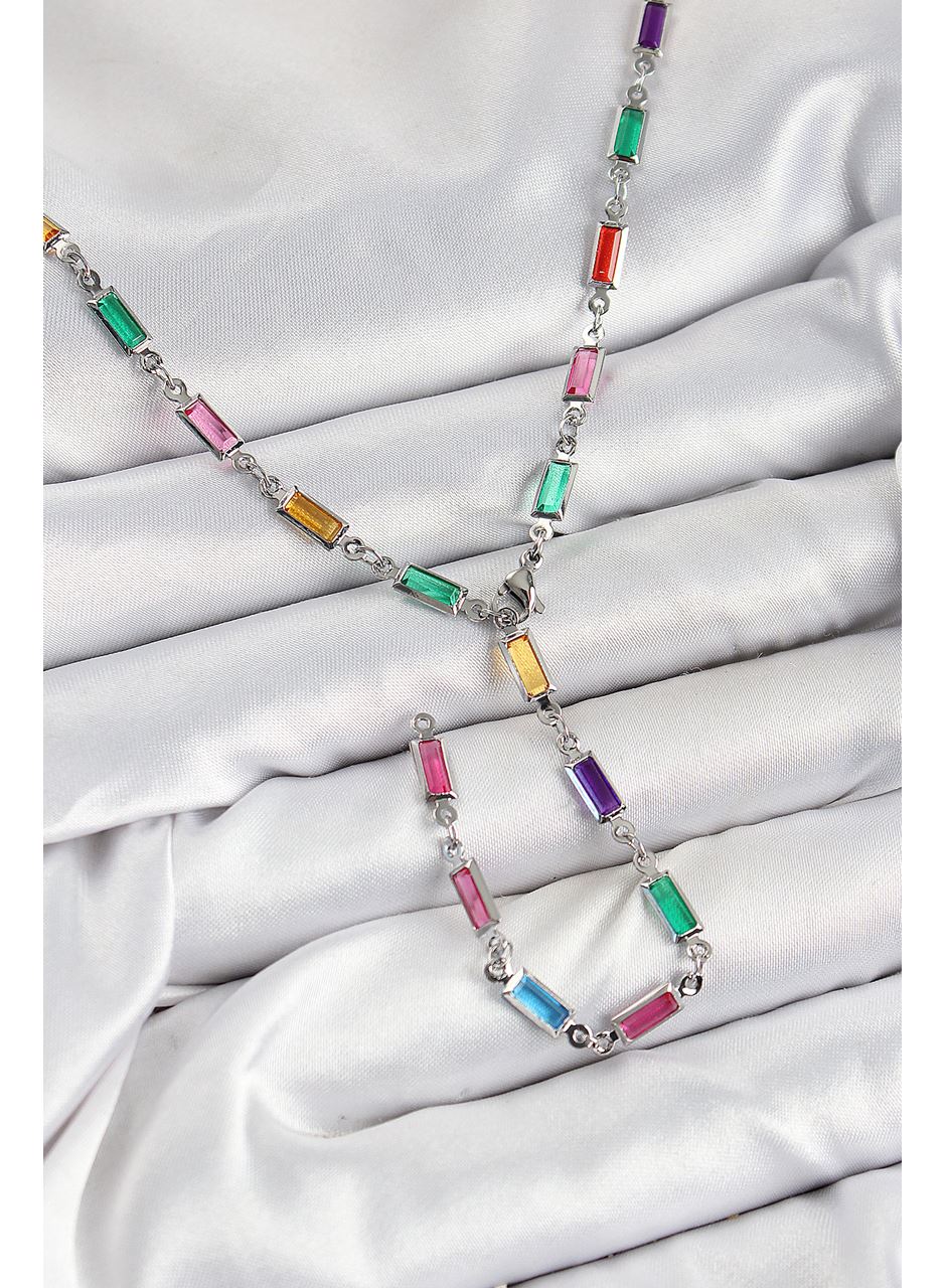 Pirinç Renkli Zirkon Taşlı Dikdörtgen Model Gümüş Renk Kadın Y Kolye