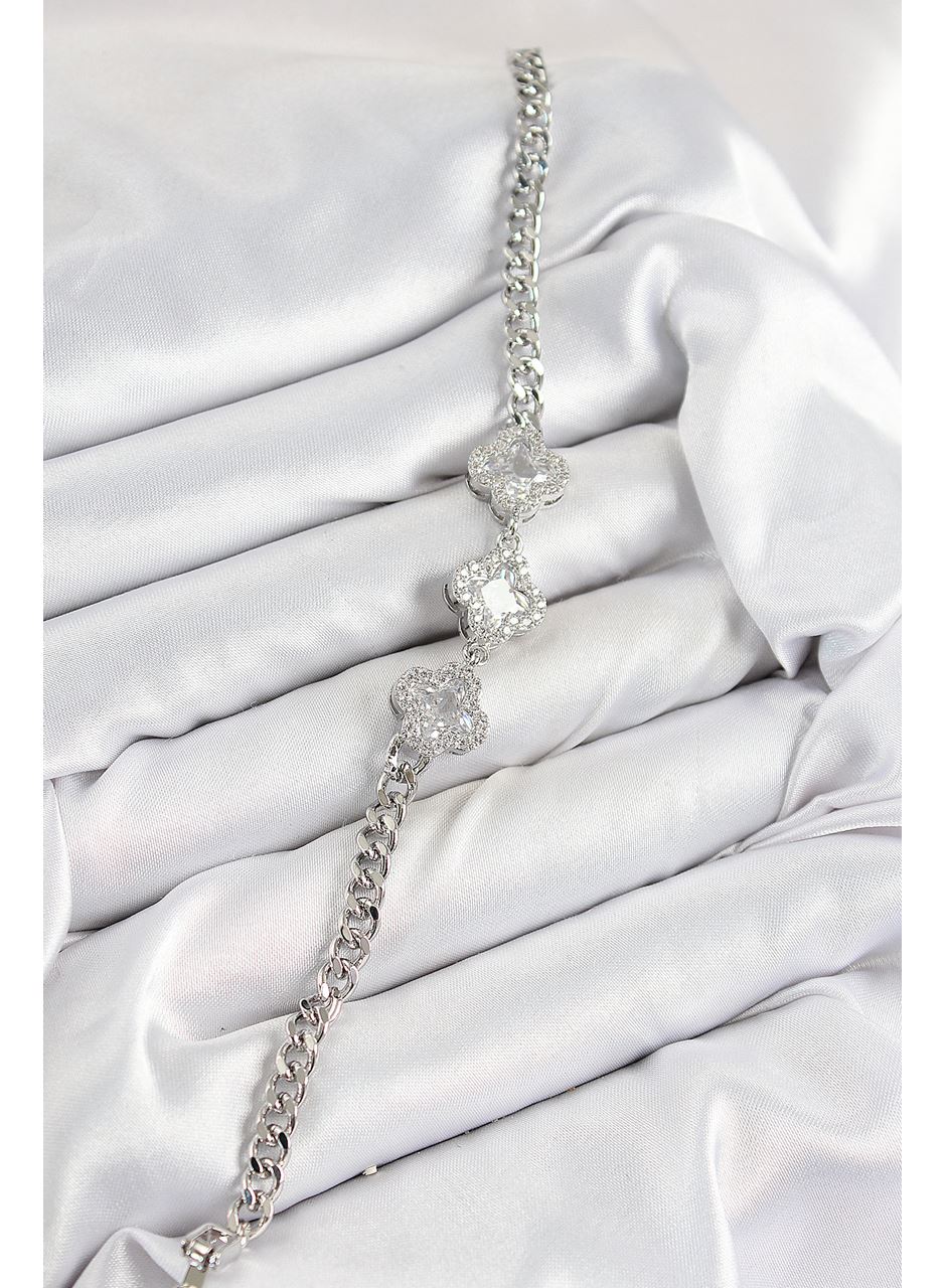 Pirinç Zirkon Taşlı Yonca Model Gümüş Renk Kadın Bileklik