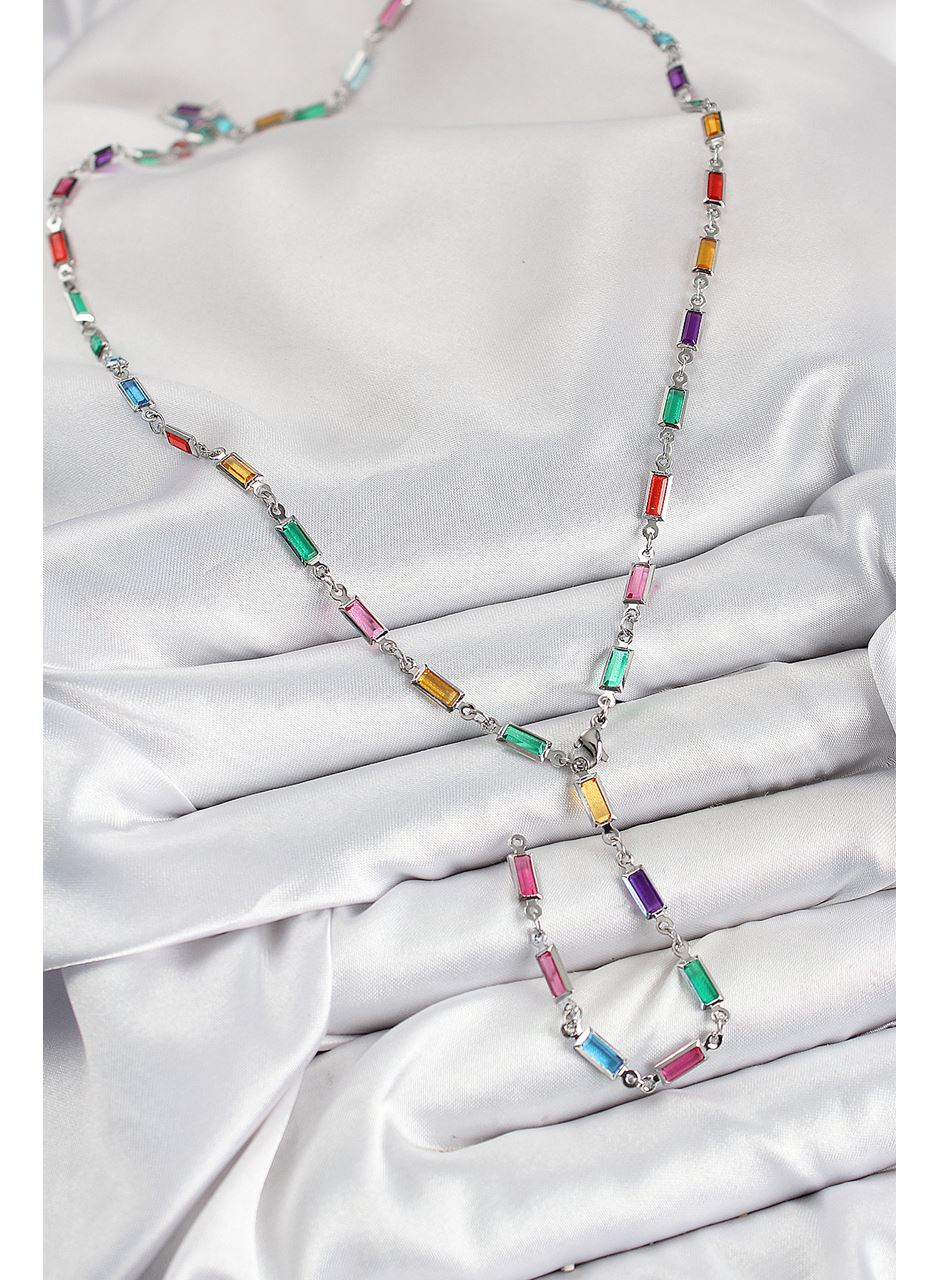 Pirinç Renkli Zirkon Taşlı Dikdörtgen Model Gümüş Renk Kadın Y Kolye