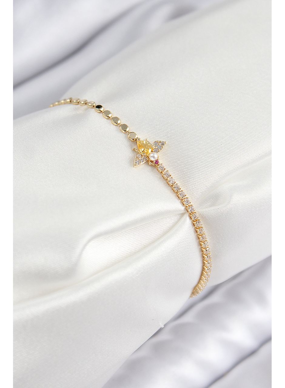 Pirinç Zirkon Taşlı Arı Model Ezme Zincir Gold Renk Kadın Bileklik