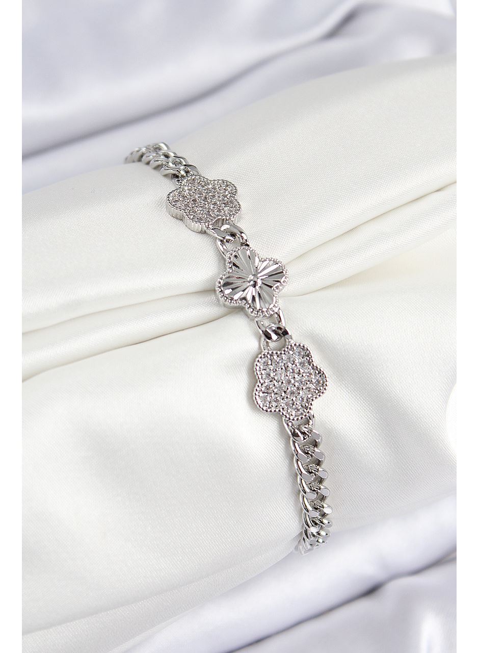 Pirinç Zirkon Taşlı Yonca Model Gümüş Renk Kadın Bileklik