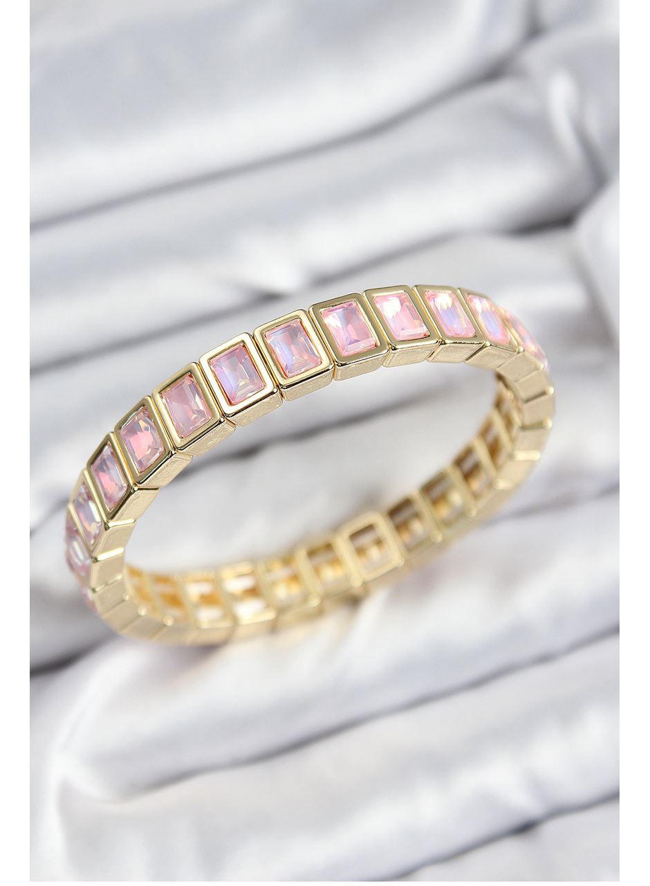 Pirinç Pembe Zirkon Taşlı Dikdörtgen Model Gold Renk Lastikli Kadın Bileklik