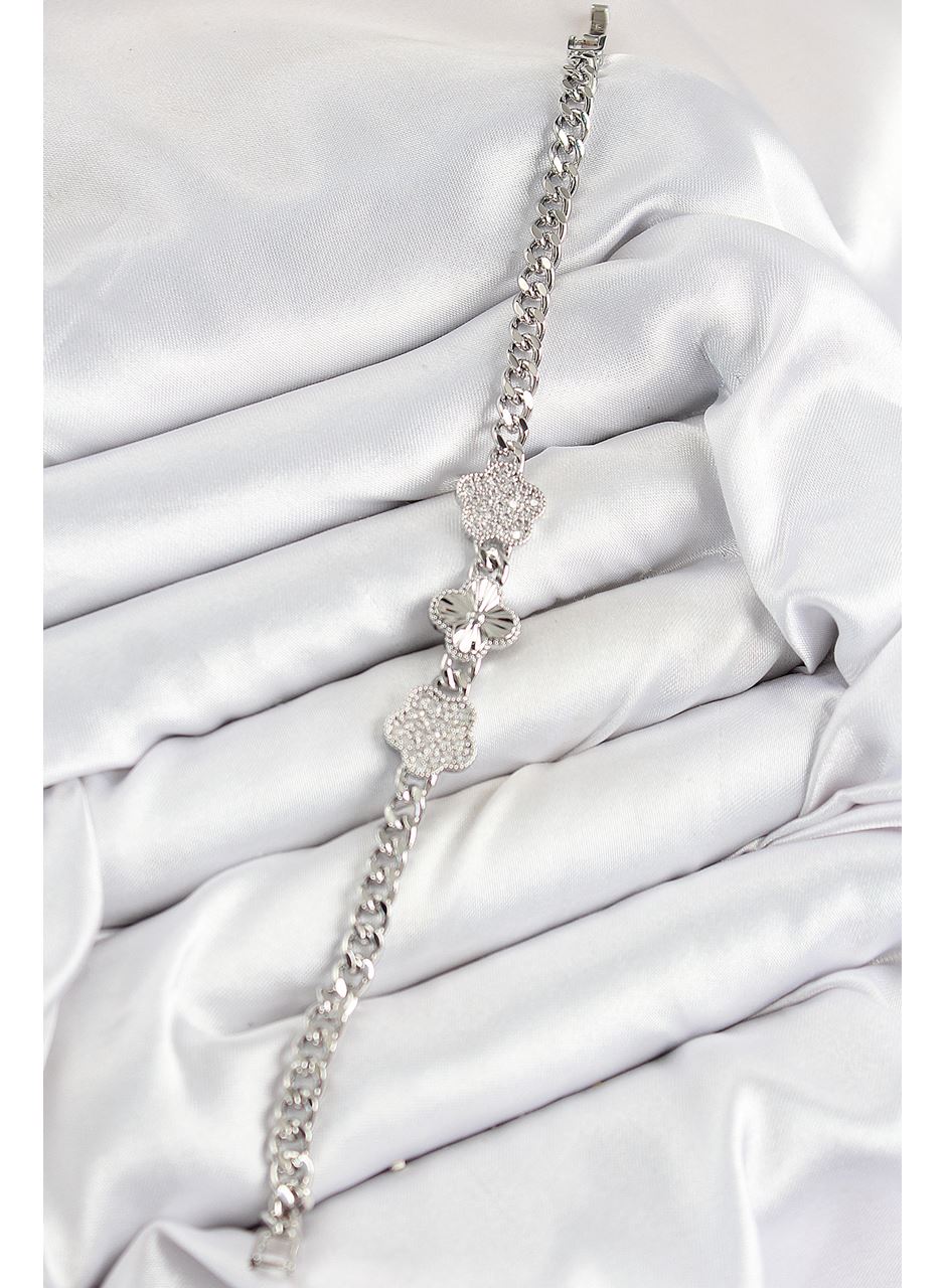 Pirinç Zirkon Taşlı Yonca Model Gümüş Renk Kadın Bileklik