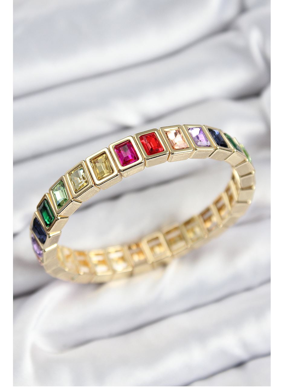 Pirinç Karışık Zirkon Taşlı Dikdörtgen Model Gold Renk Lastikli Kadın Bileklik