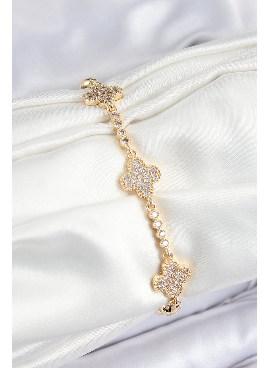 Pirinç Zirkon Taşlı Yonca Model Gold Renk Kadın Bileklik