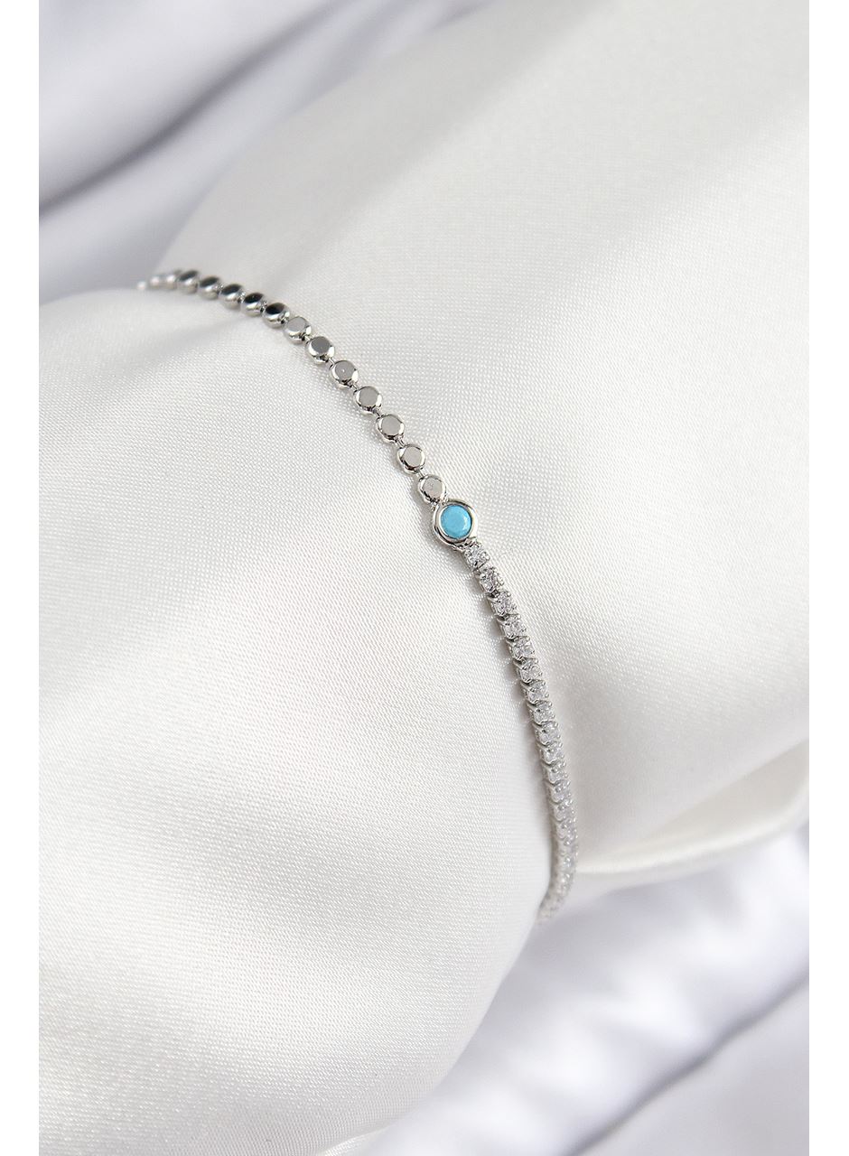 Pirinç Zirkon Taşlı Boncuk Model Ezme Zincir Gümüş Renk Kadın Bileklik