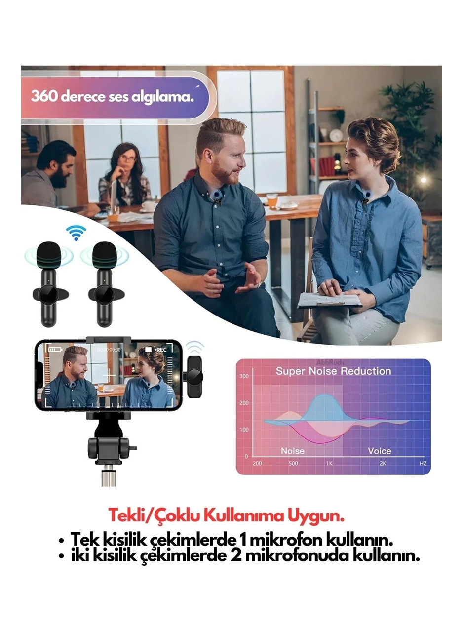 Type-C Çiftli Kablosuz Yaka Mikrofonu Seti - YouTube, TikTok, Vlog ve Canlı Yayınlar İçin Telefon Uyumlu Çift Mikrofon (