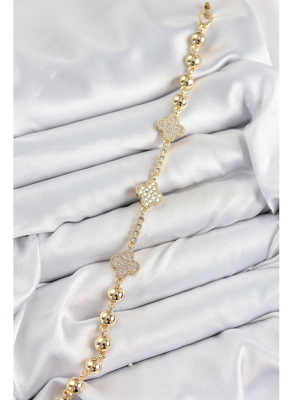 Pirinç Zirkon Taşlı Yonca Model Gold Renk Kadın Bileklik