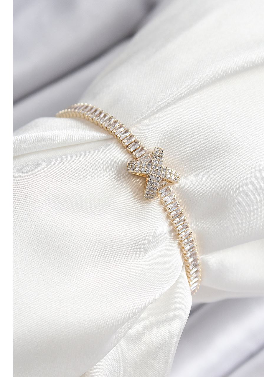 Pirinç Zirkon Taşlı X Detaylı Su Yolu Model Gold Renk Asansörlü Kadın Bileklik