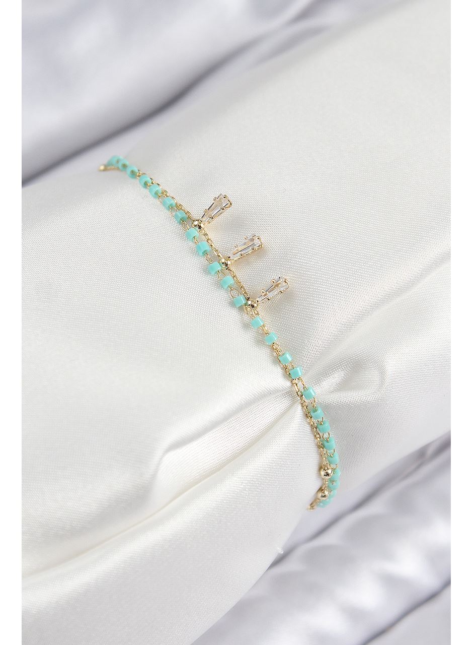 Pirinç Zirkon Taşlı Mavi Boncuklu Model Gold Renk Kadın Bileklik