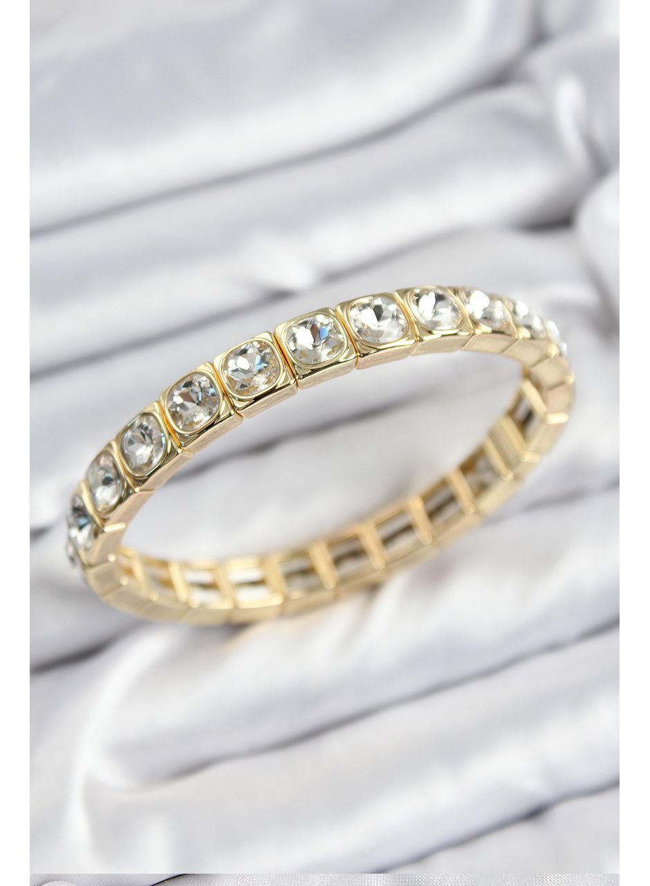 Pirinç Zirkon Taşlı Kare Model Gold Renk Lastikli Kadın Bileklik