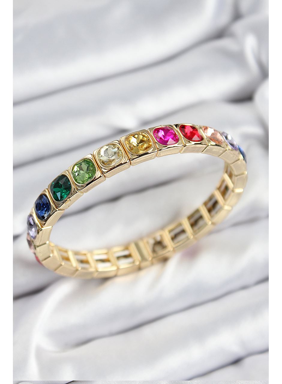 Pirinç Karışık Zirkon Taşlı Kare Model Gold Renk Lastikli Kadın Bileklik