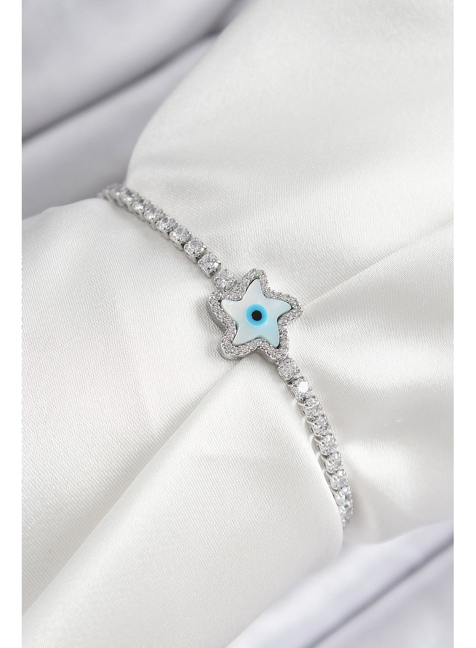 Pirinç Zirkon Taşlı Nazar Yıldız Model Gümüş Renk Asansörlü Kadın Bileklik