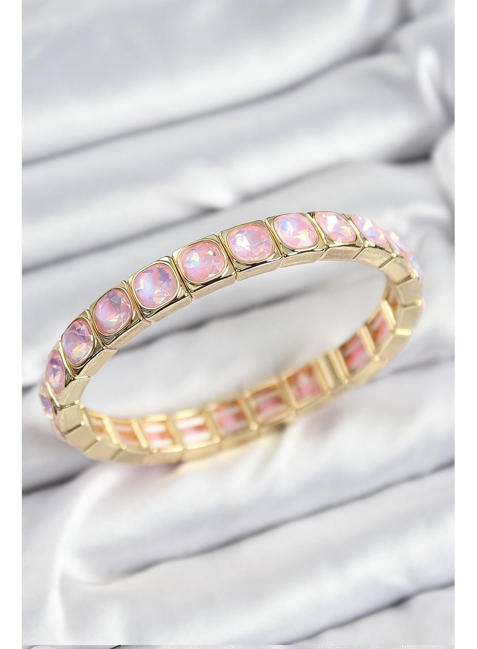 Pirinç Pembe Zirkon Taşlı Kare Model Gold Renk Lastikli Kadın Bileklik