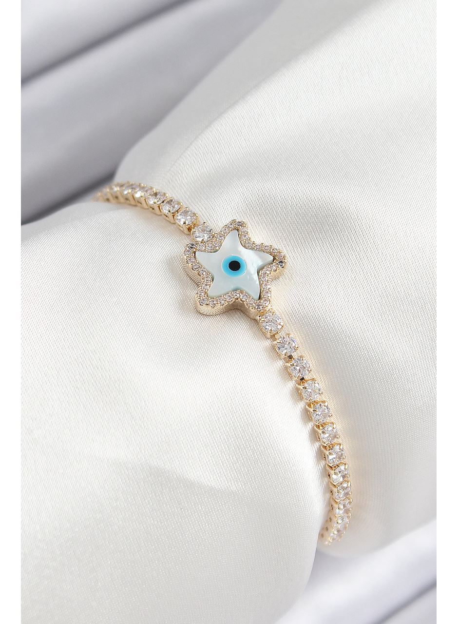 Pirinç Zirkon Taşlı Nazar Yıldız Model Gold Renk Asansörlü Kadın Bileklik