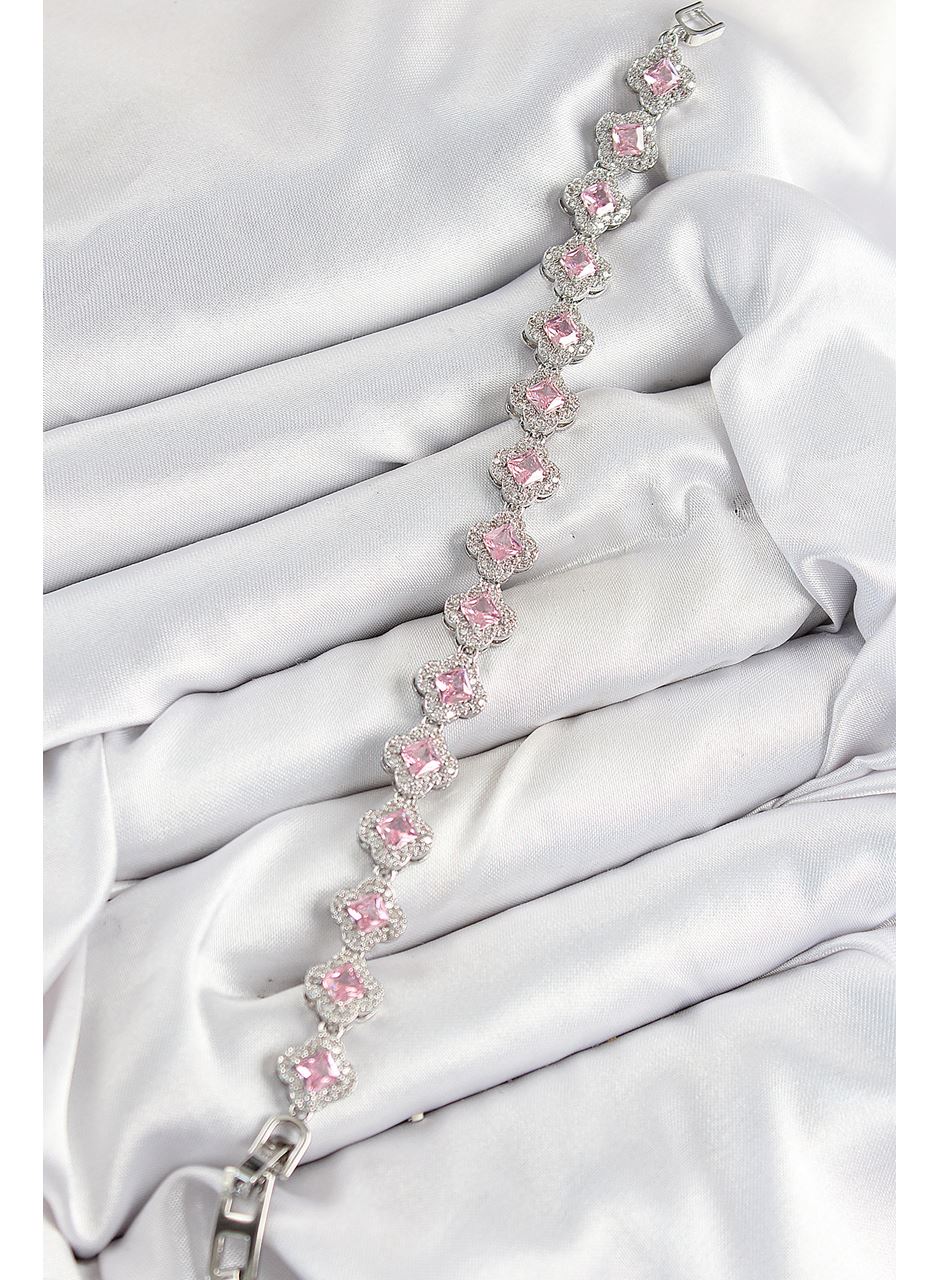 Pirinç Zirkon Taşlı Pembe Yonca Baget Model Gümüş Renk VIP Seri Kadın Bileklik