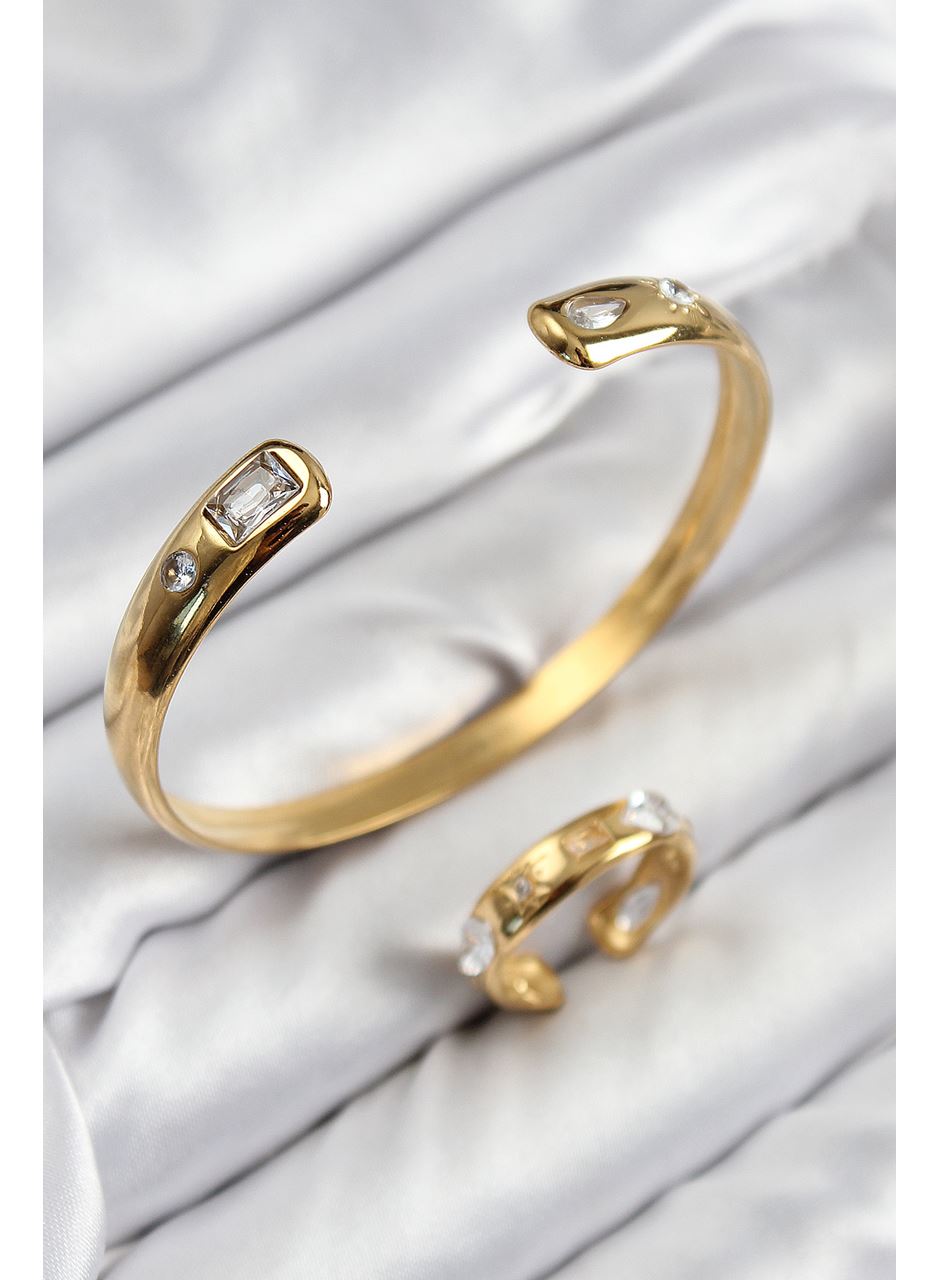 Pirinç Zirkon Taşlı Ayrık Model Gold Renk Bileklik Yüzük Set