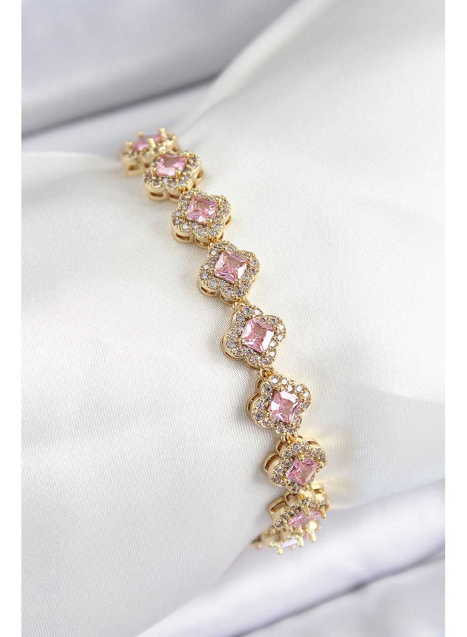 Pirinç Zirkon Taşlı Pembe Yonca Baget Model Gold Renk VIP Seri Kadın Bileklik