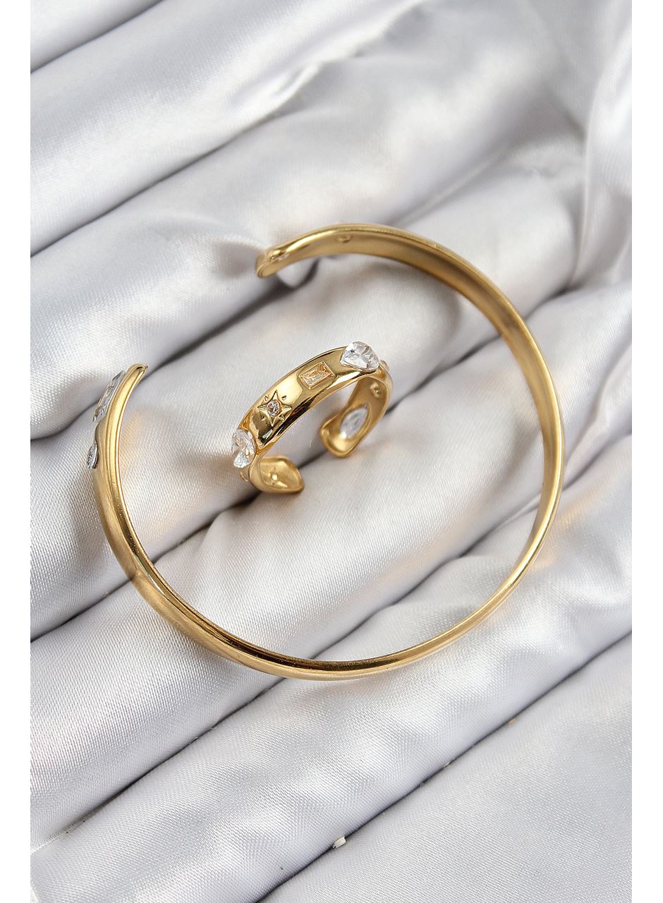 Pirinç Zirkon Taşlı Ayrık Model Gold Renk Bileklik Yüzük Set