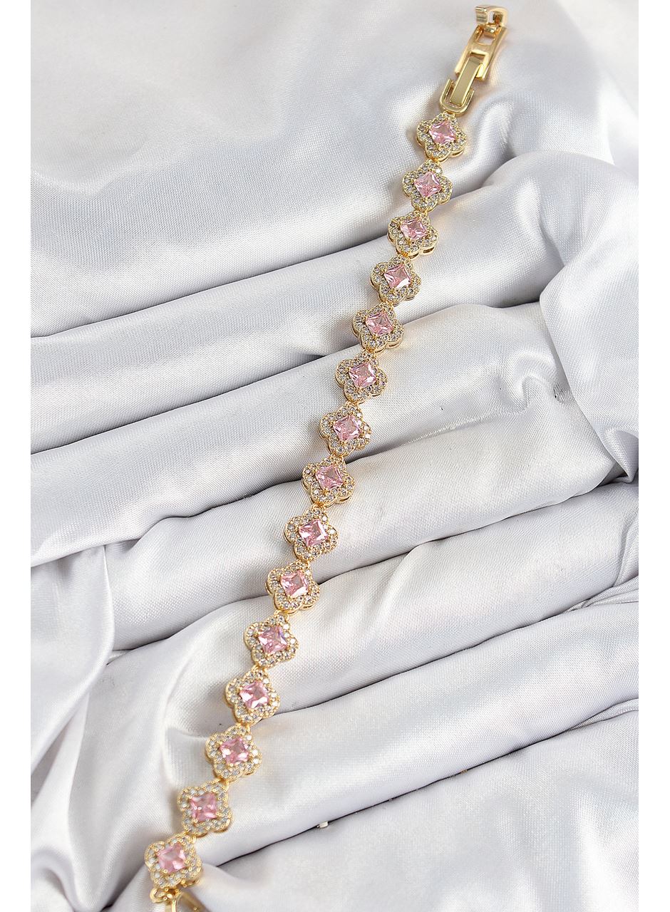 Pirinç Zirkon Taşlı Pembe Yonca Baget Model Gold Renk VIP Seri Kadın Bileklik