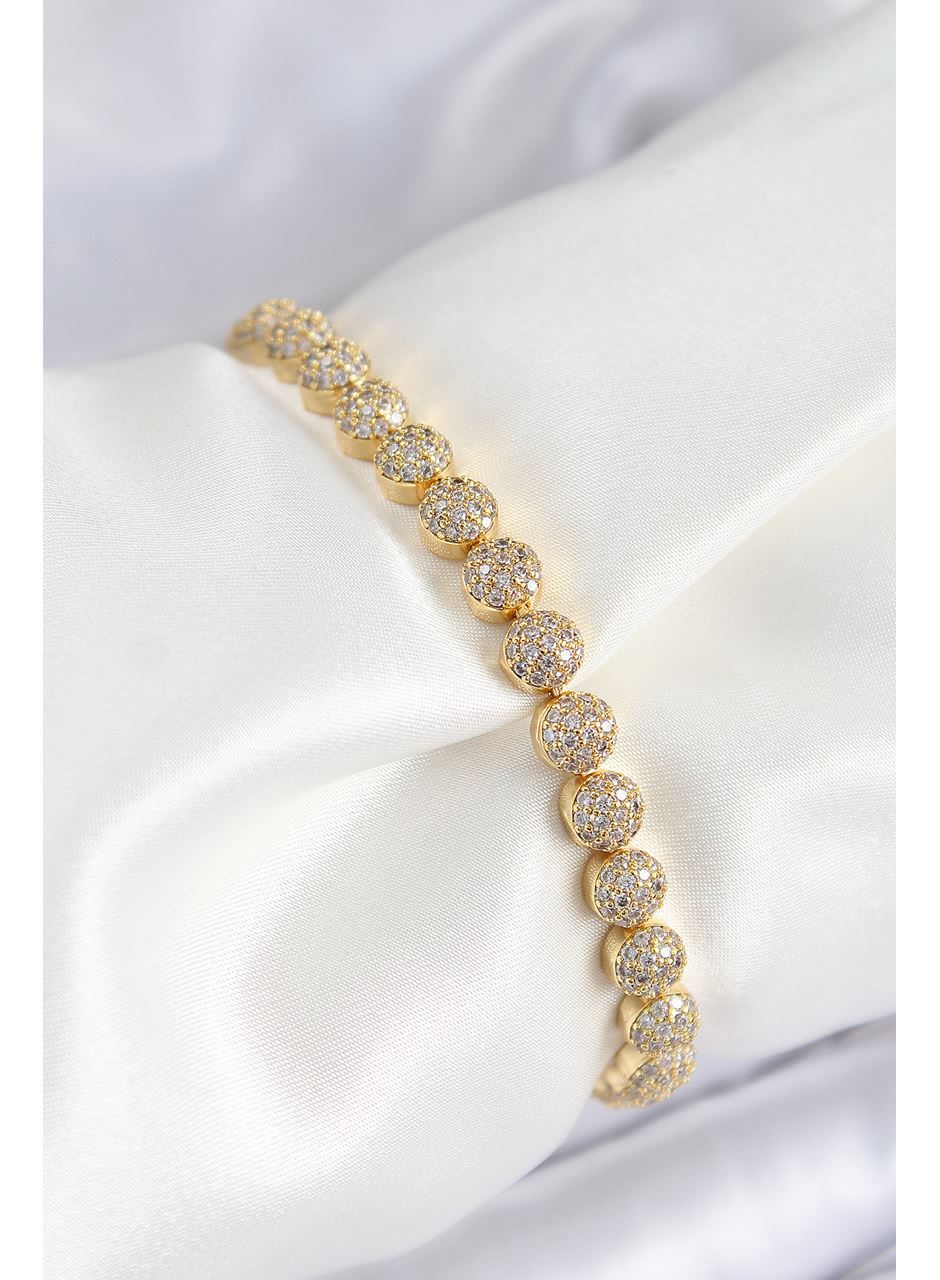 Pirinç Zirkon Taşlı Yarım Topcuk Model Gold Renk VIP Seri Kadın Bileklik