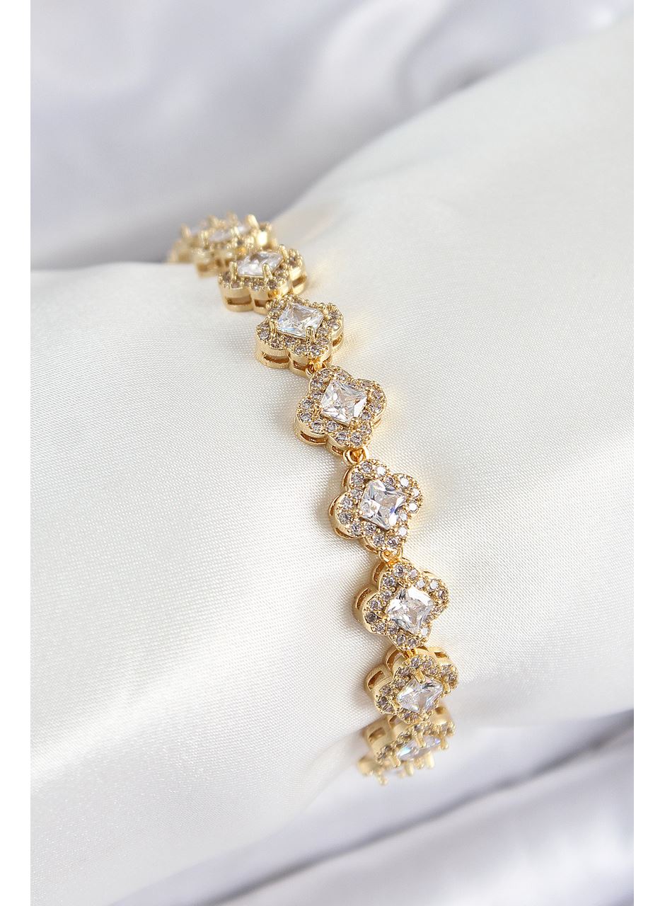 Pirinç Zirkon Taşlı Yonca Baget Model Gold Renk VIP Seri Kadın Bileklik
