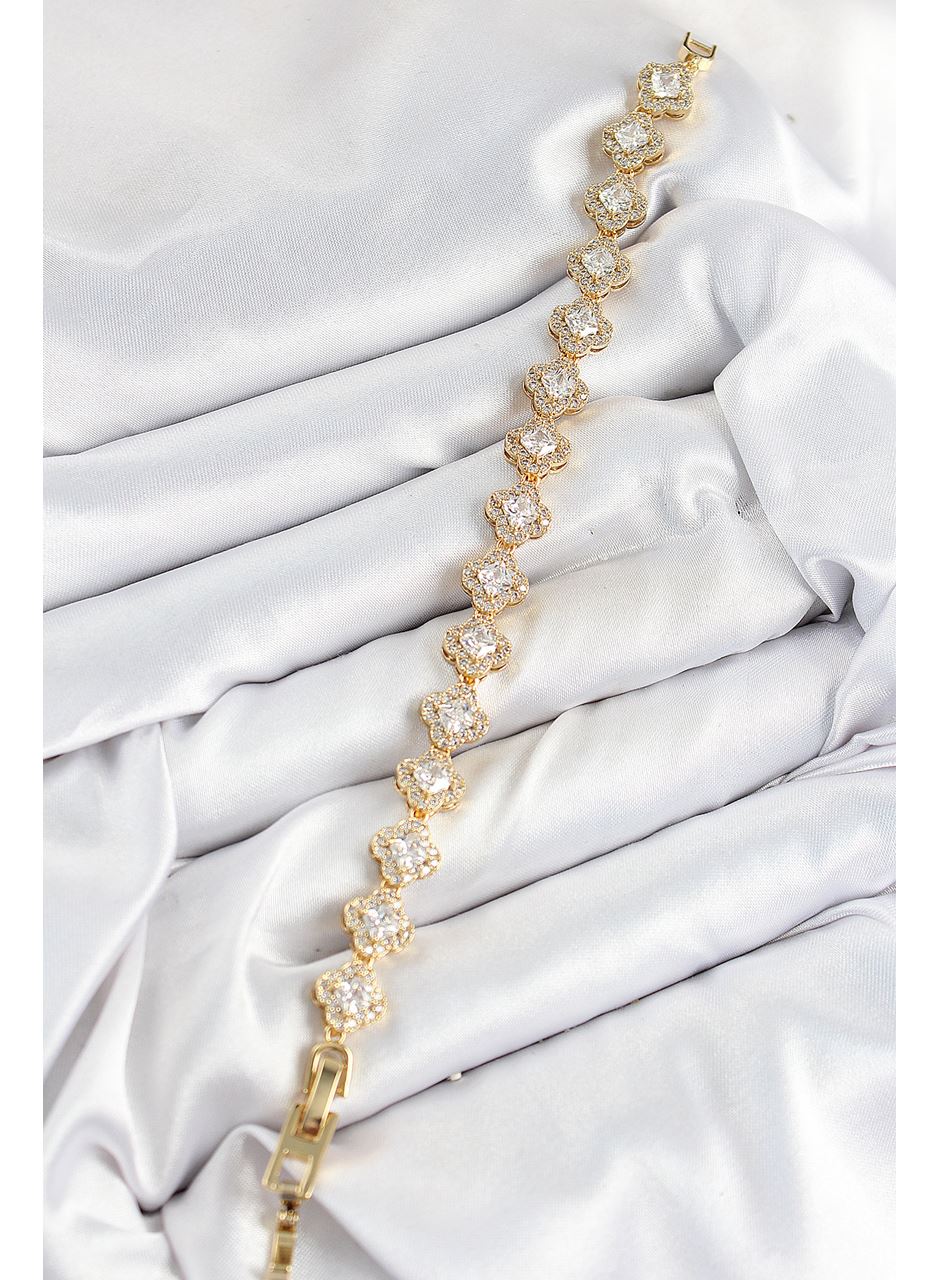 Pirinç Zirkon Taşlı Yonca Baget Model Gold Renk VIP Seri Kadın Bileklik