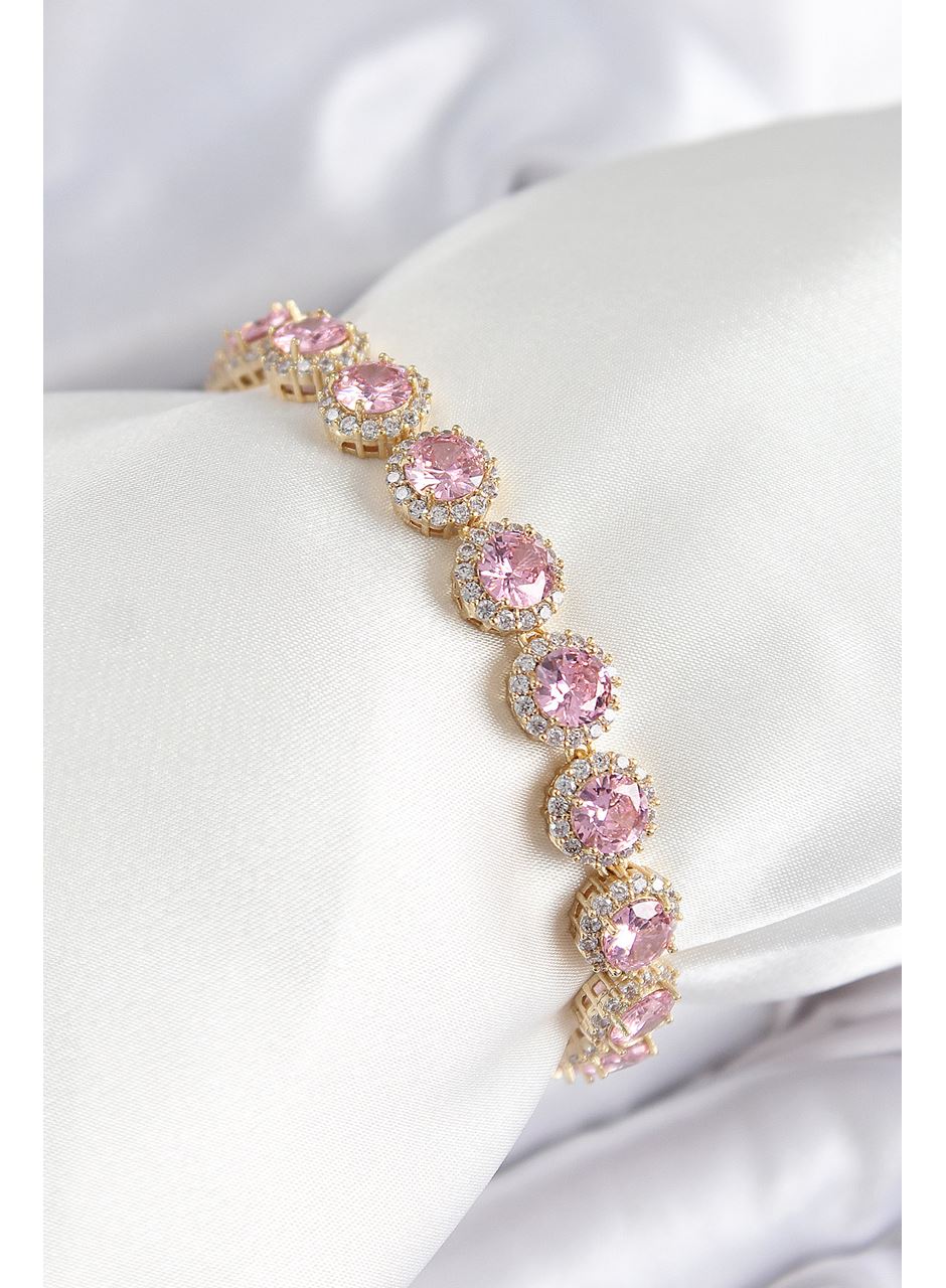 Pirinç Pembe Zirkon Taşlı Daire Baget Model Gold Renk VIP Seri Kadın Bileklik