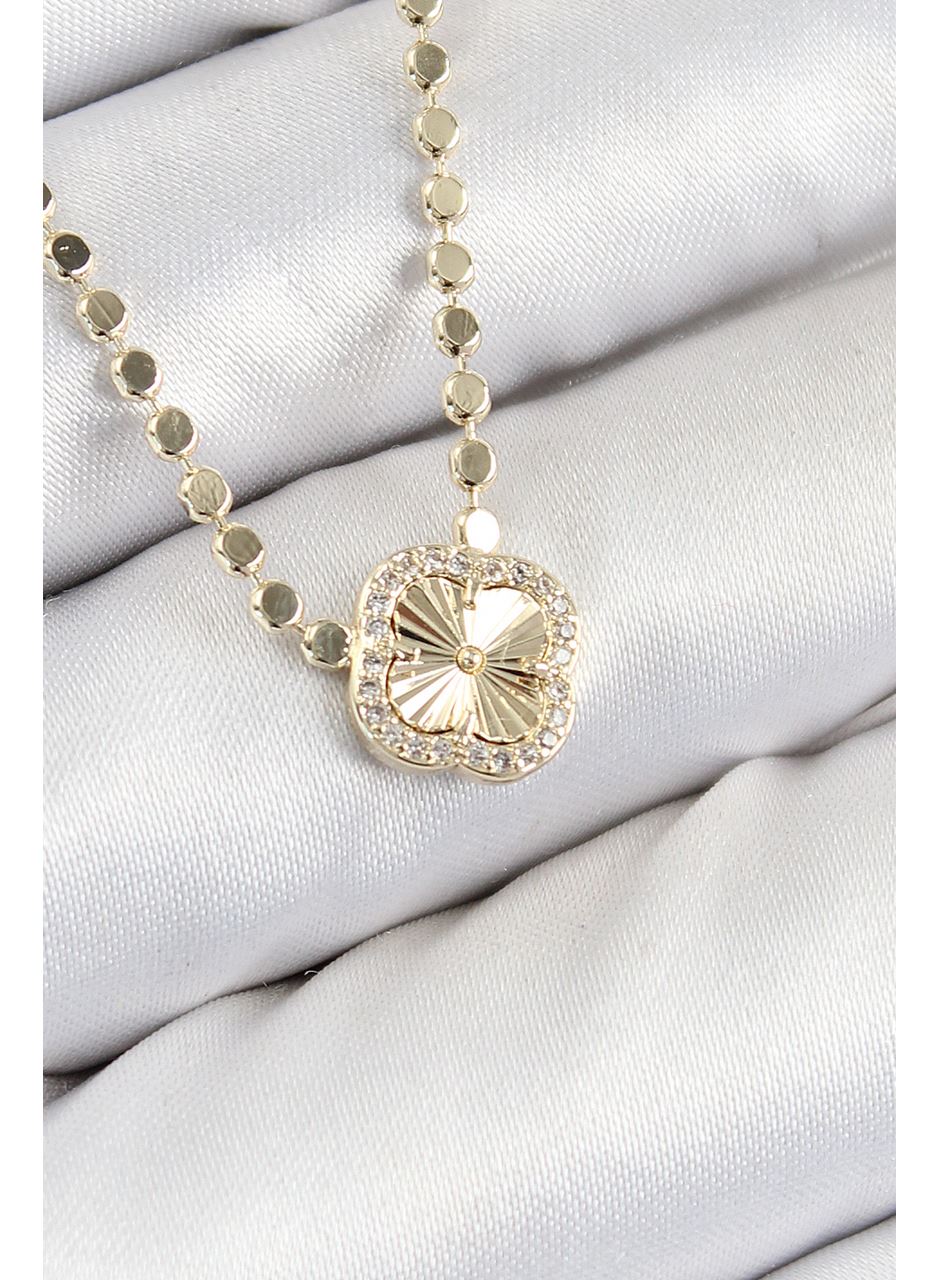 Pirinç Zirkon Taşlı Yonca Model Ezme Zincir Gold Renk Kadın Kolye