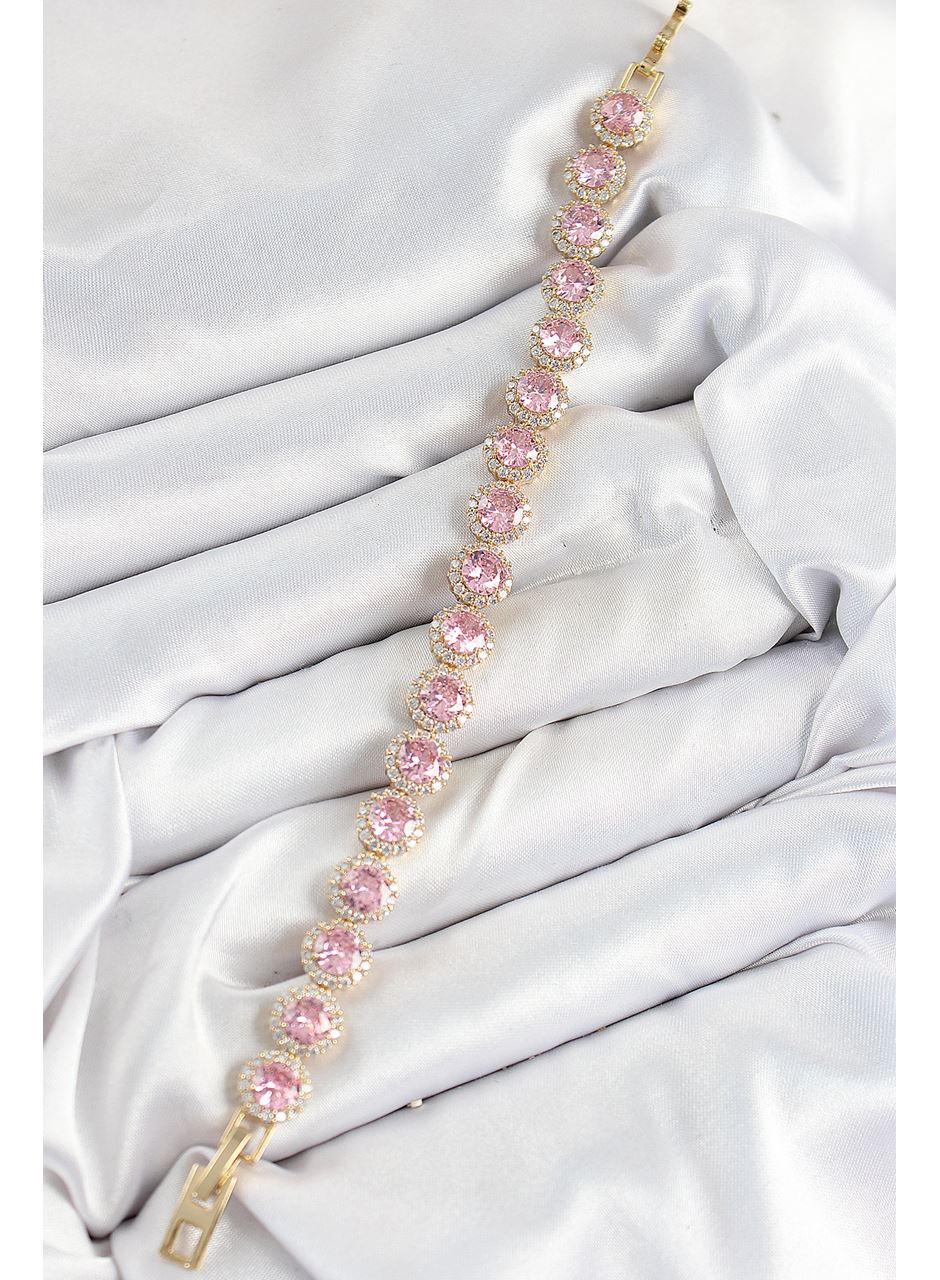 Pirinç Pembe Zirkon Taşlı Daire Baget Model Gold Renk VIP Seri Kadın Bileklik