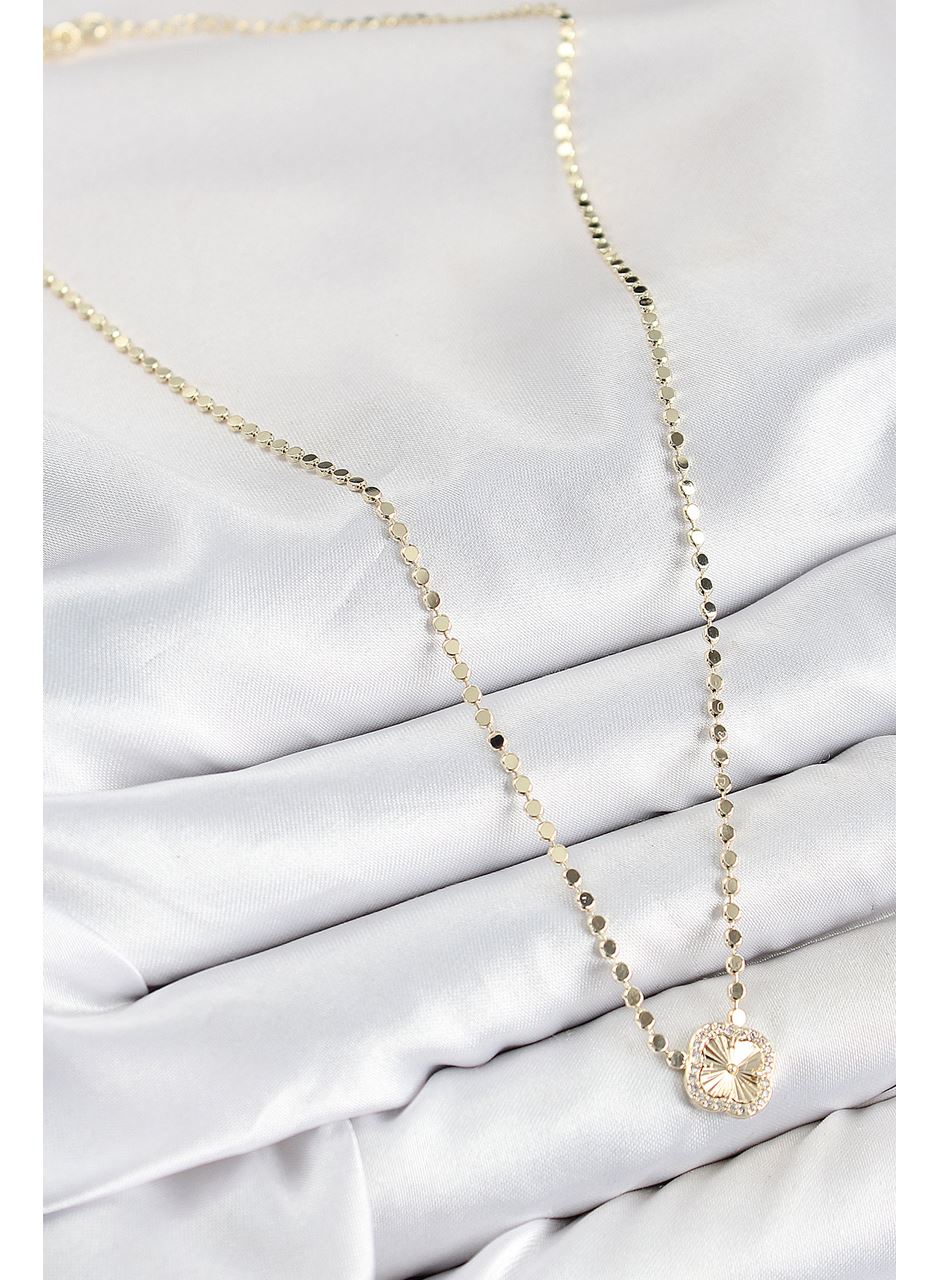 Pirinç Zirkon Taşlı Yonca Model Ezme Zincir Gold Renk Kadın Kolye