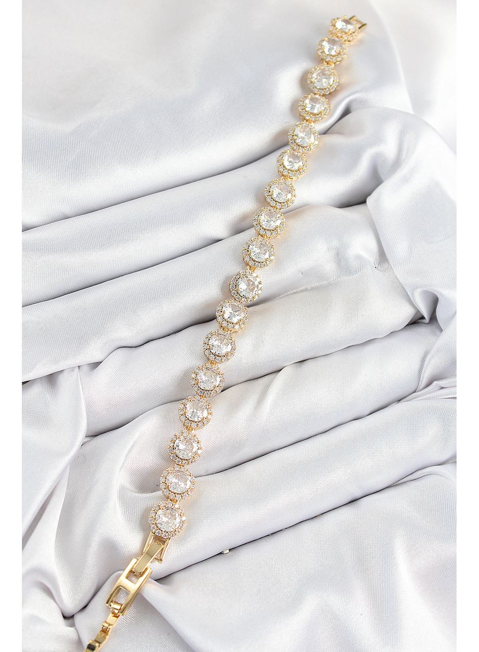 Pirinç Zirkon Taşlı Daire Baget Model Gold Renk VIP Seri Kadın Bileklik