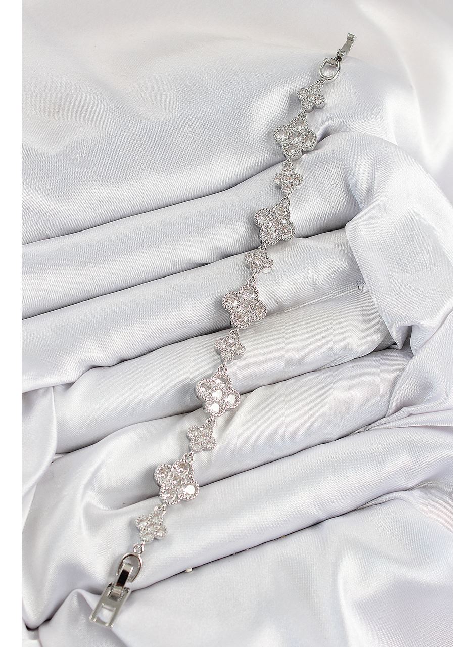 Pirinç Zirkon Taşlı Yonca Model Gümüş Renk VIP Seri Kadın Bileklik