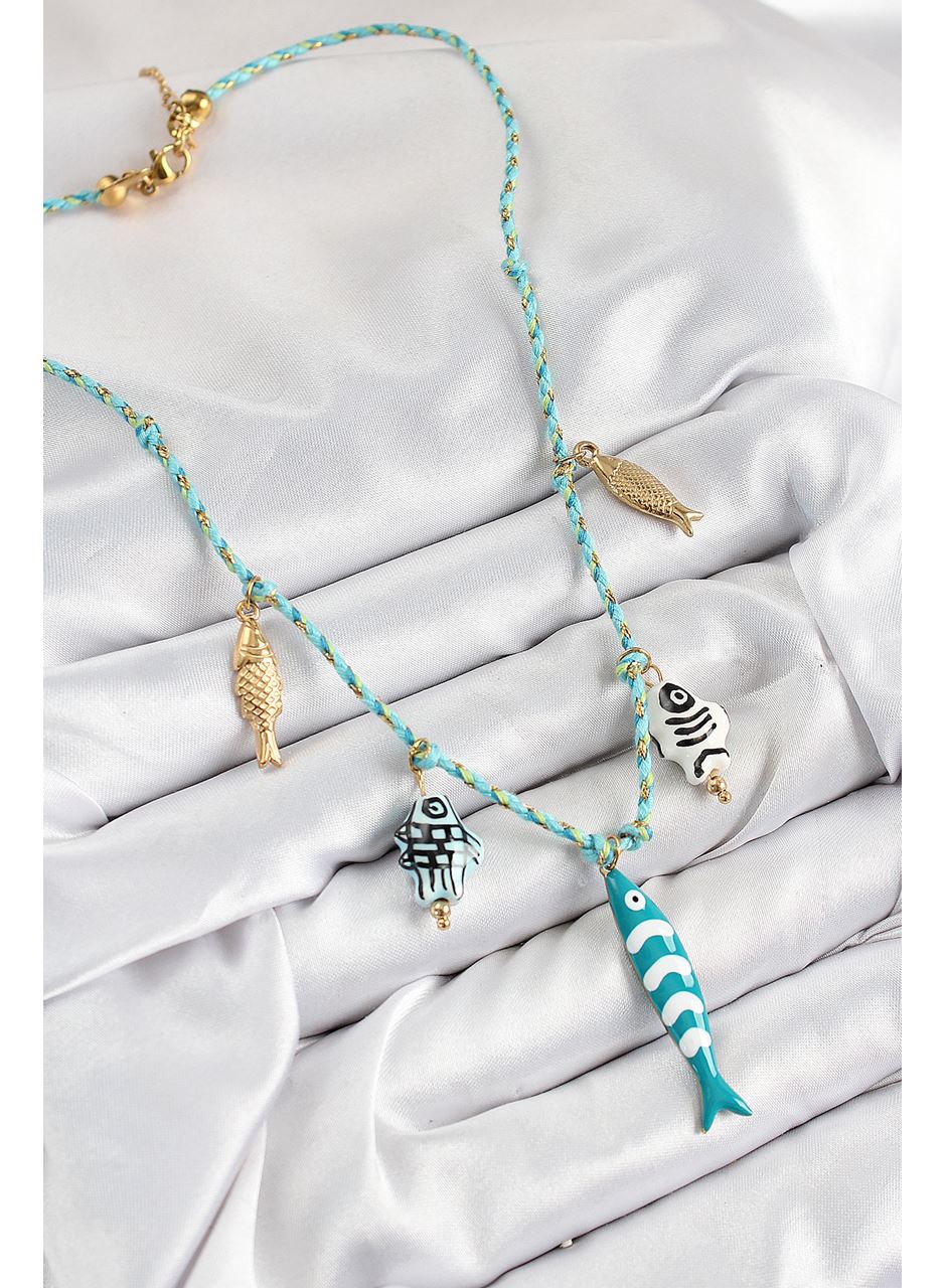Seramik Motifli Balık Figürlü Model Mavi İp Kadın Kolye