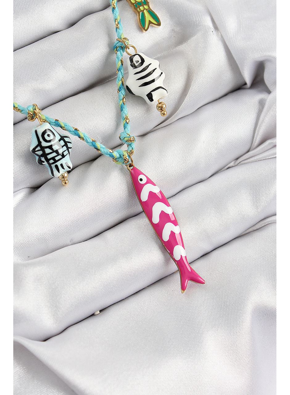 Seramik Motifli Pembe Balık Figürlü Model Mavi İp Kadın Kolye