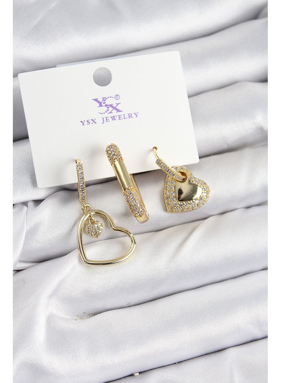 Pirinç Zİrkon Taşlı Kalp Model Gold Renk 3'lü Kadın Küpe