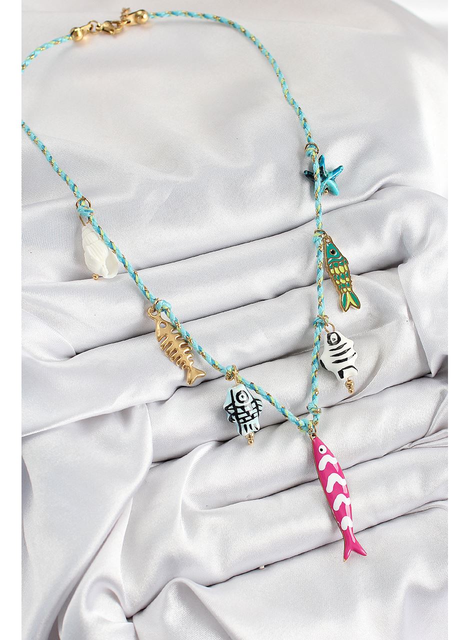 Seramik Motifli Pembe Balık Figürlü Model Mavi İp Kadın Kolye