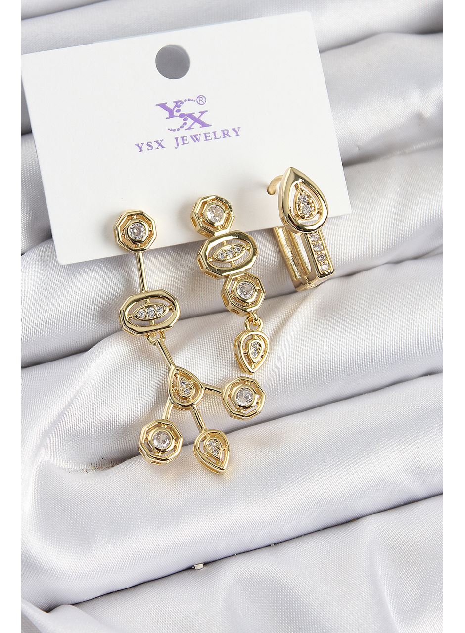 Pirinç Zİrkon Taşlı Geometrik Model Gold Renk 3'lü Kadın Küpe