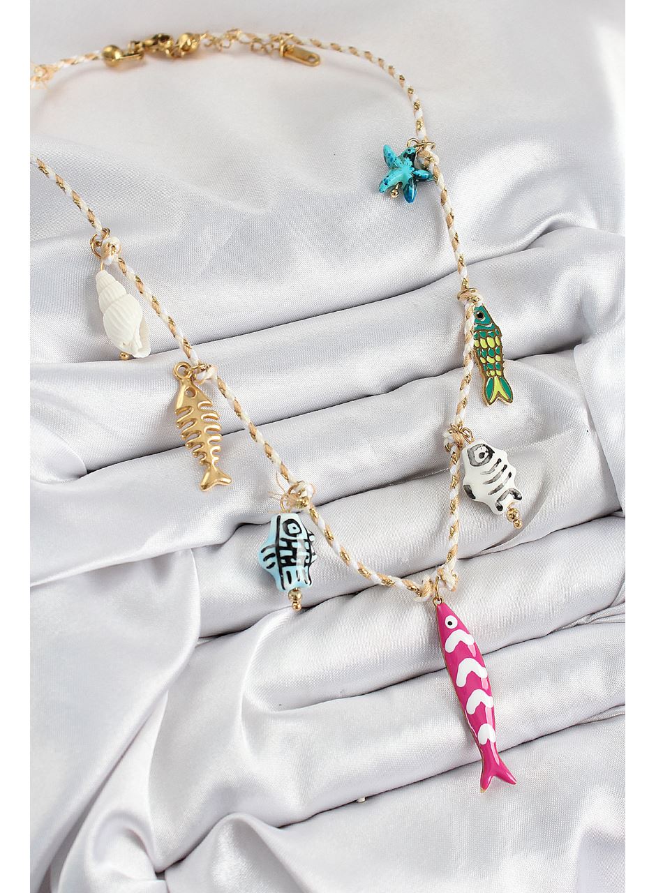 Seramik Motifli Pembe Balık Figürlü Model Krem İp Kadın Kolye