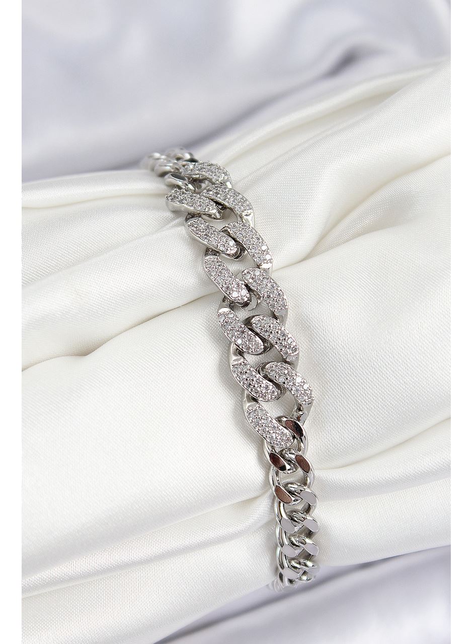 Pirinç Zirkon Taşlı Küba Zincir Model Gümüş Renk Kadın Bileklik