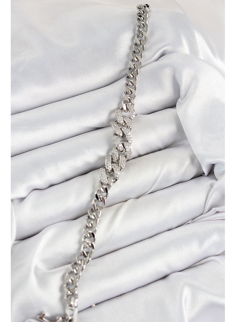 Pirinç Zirkon Taşlı Küba Zincir Model Gümüş Renk Kadın Bileklik