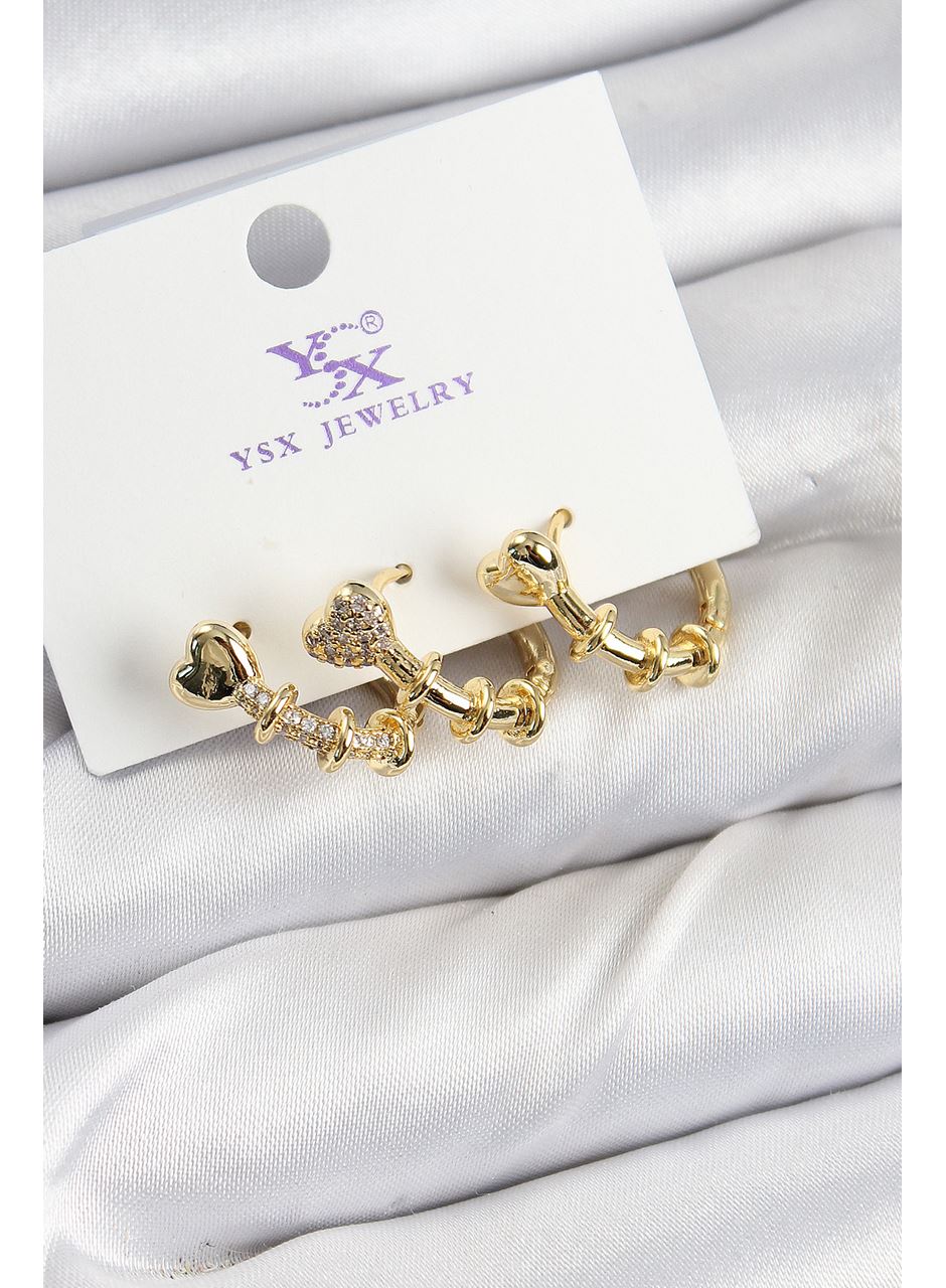 Pirinç Zİrkon Taşlı Kalp Model Gold Renk 3'lü Kadın Küpe