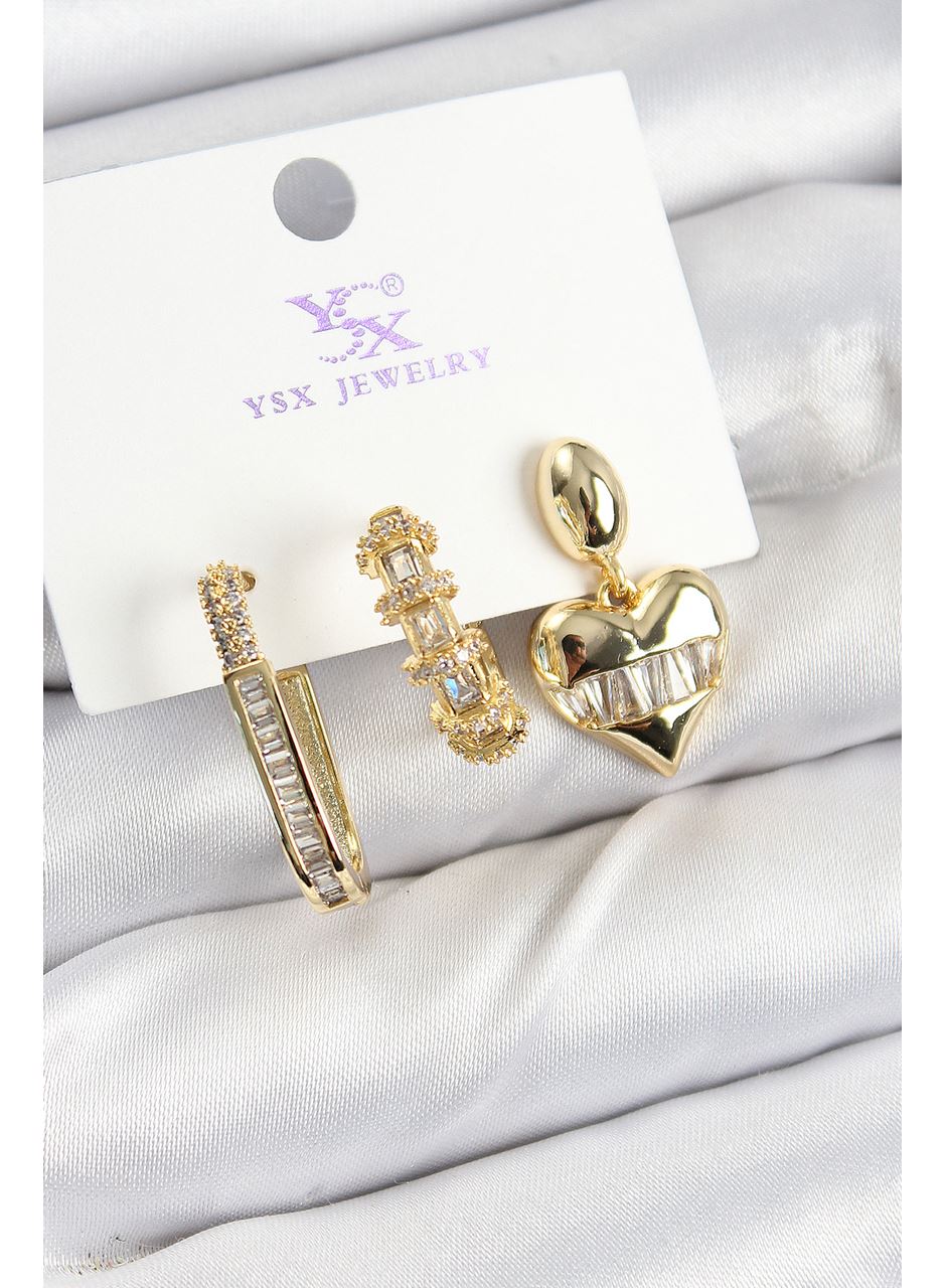 Pirinç Zİrkon Taşlı Kalp Model Gold Renk 3'lü Kadın Küpe