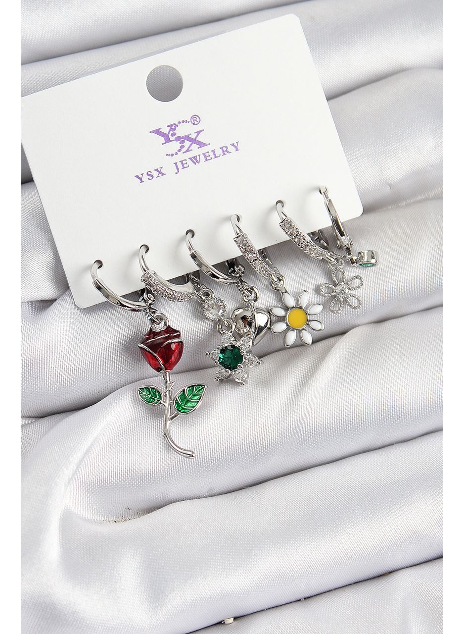 Pirinç Zİrkon Taşlı Gül Ve Papatya Model Gümüş Renk 3'lü Çift Kadın Küpe