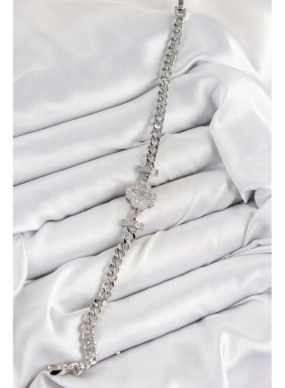 Pirinç Zirkon Taşlı Yonca Model Gümüş Renk Kadın Bileklik