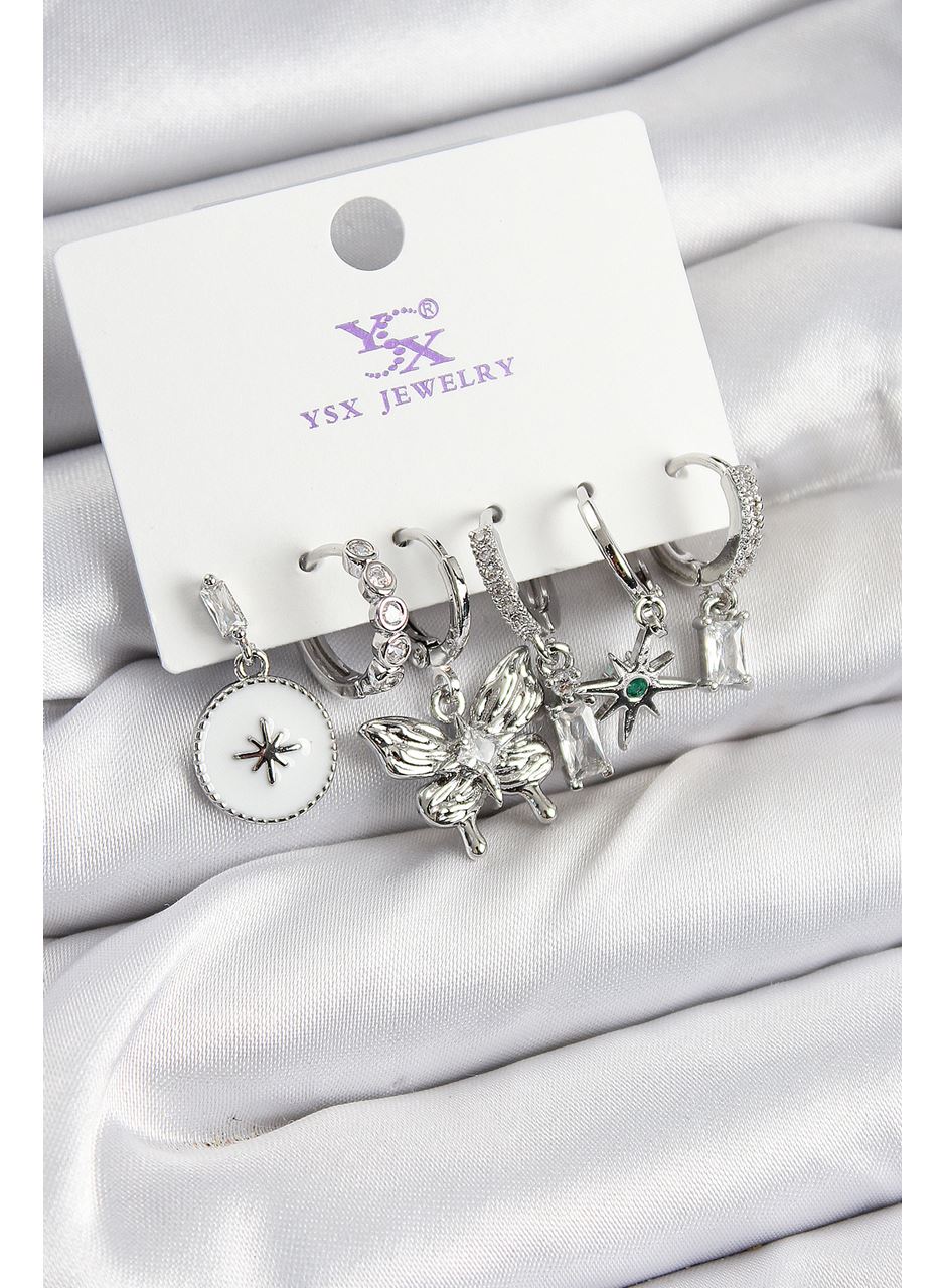 Pirinç Zİrkon Taşlı Kelebek ve Yıldız Model Gümüş Renk 3'lü Çift Kadın Küpe