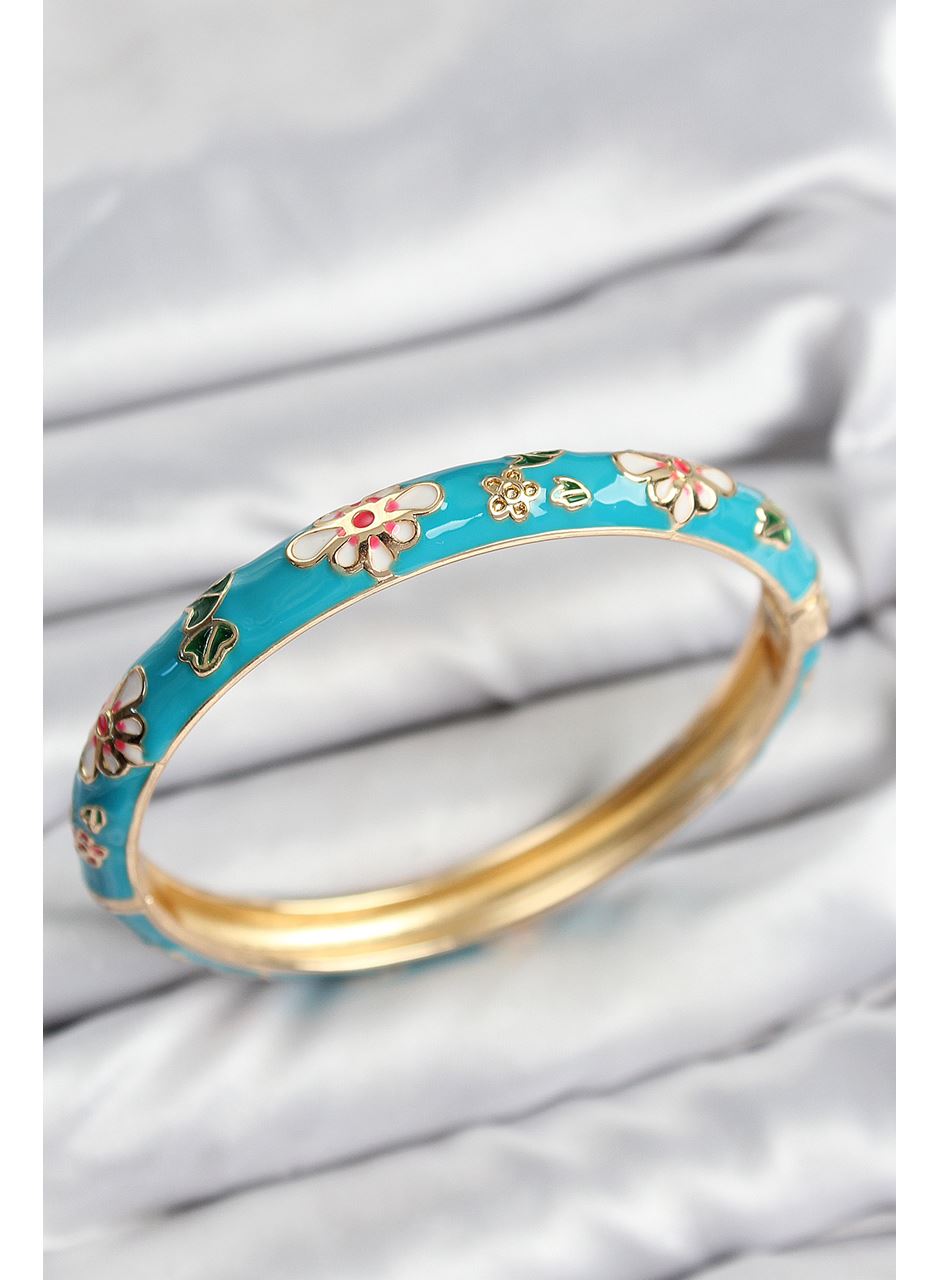 Mineli Pirinç Mavi Çiçek Motifli Gold Kadın Kelepçe