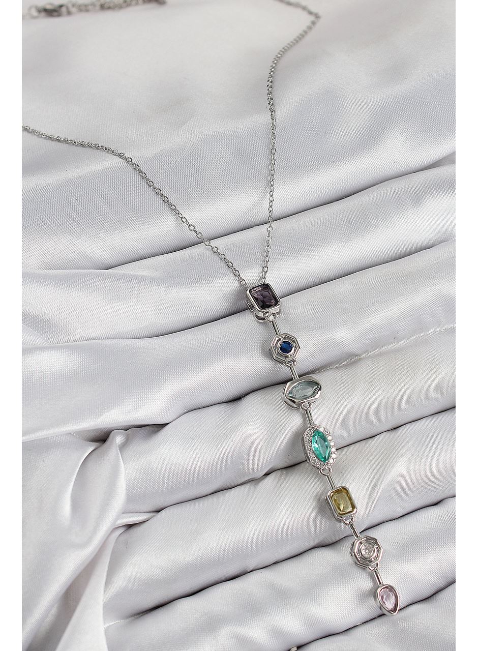 Pirinç Renkli Zirkon Taşlı Model Gümüş Renk 7 Element Kadın Y Kolye