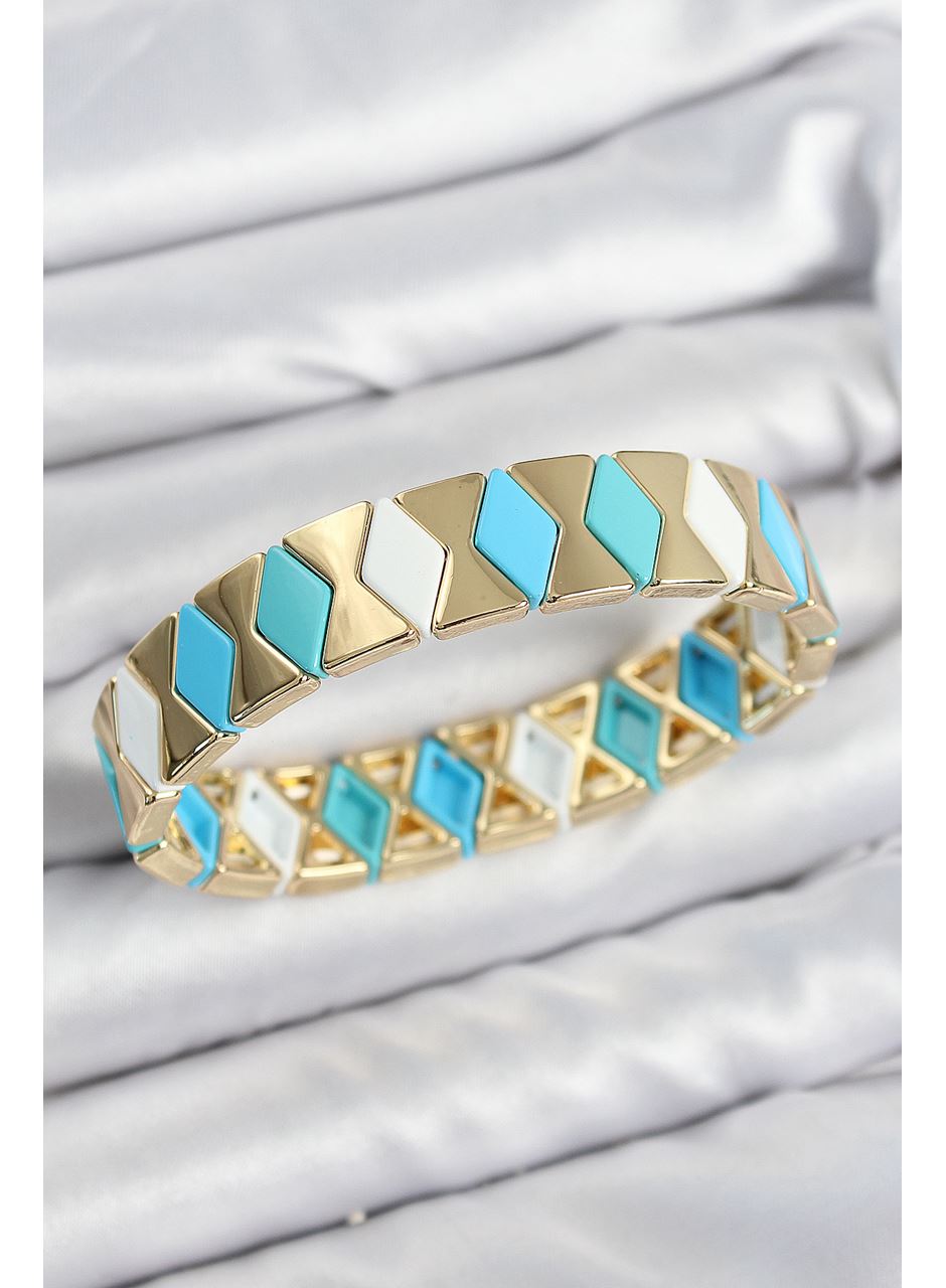 Pirinç Baklava Desenli Mavi Beyaz Gold Renk Lastikli Kadın Bileklik